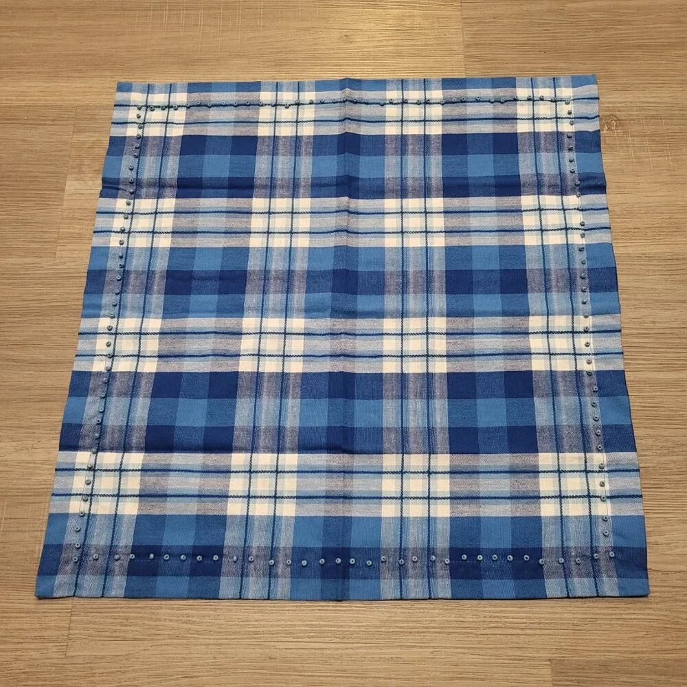 SUR LA TABLE Set of 4 Cotton Bead Trim Blue & White Plaid Placemats 20x20 India